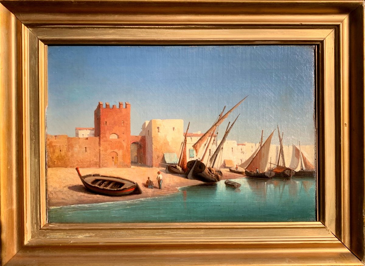 Veduta di un porto mediterraneo. Olio su tela 40x27.epoca fine ‘800. Scuola orientalista?