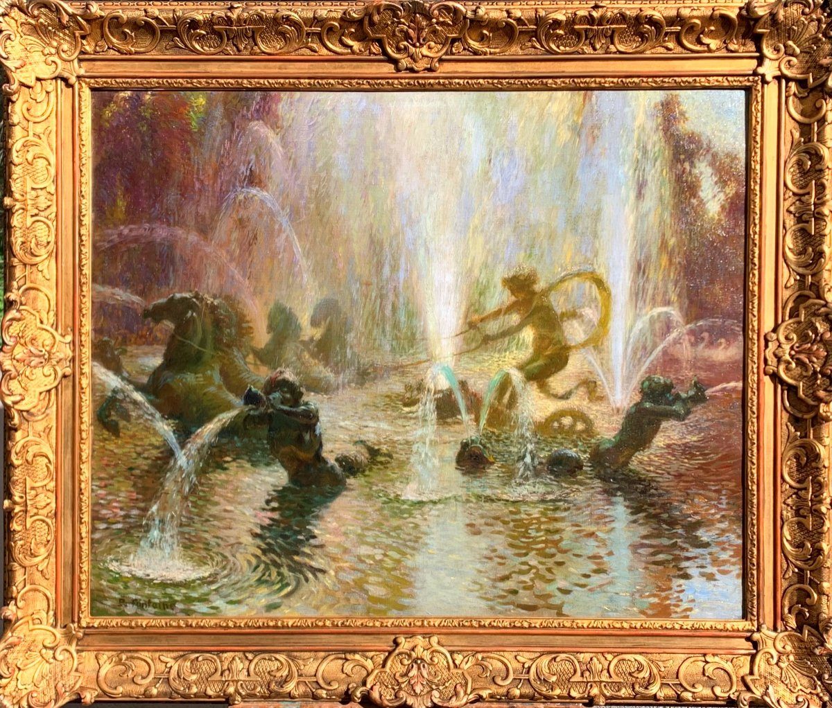 Bacino di Apollo à Versailles. Olio su tela 100x81. Scuola divisionista fine ‘800.-photo-2