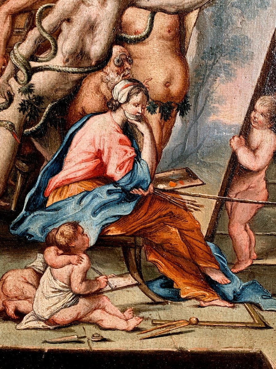 Allegoria della pittura. Olio su tela 39x26. Scuola fiamminga del XVII secolo.-photo-3