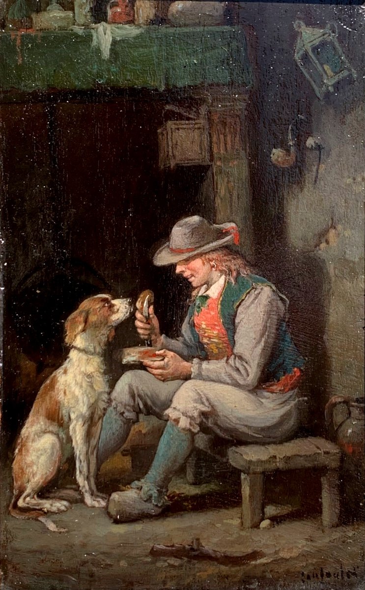 François Louis Lanfant de Metz. Giovane nutre il suo cane. Olio su tavola 18x11-photo-2