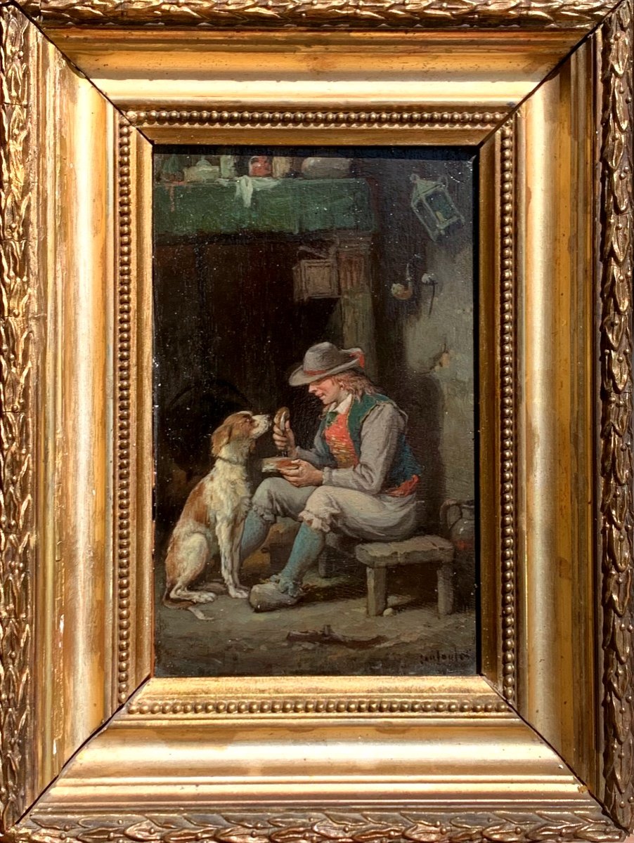 François Louis Lanfant de Metz. Giovane nutre il suo cane. Olio su tavola 18x11