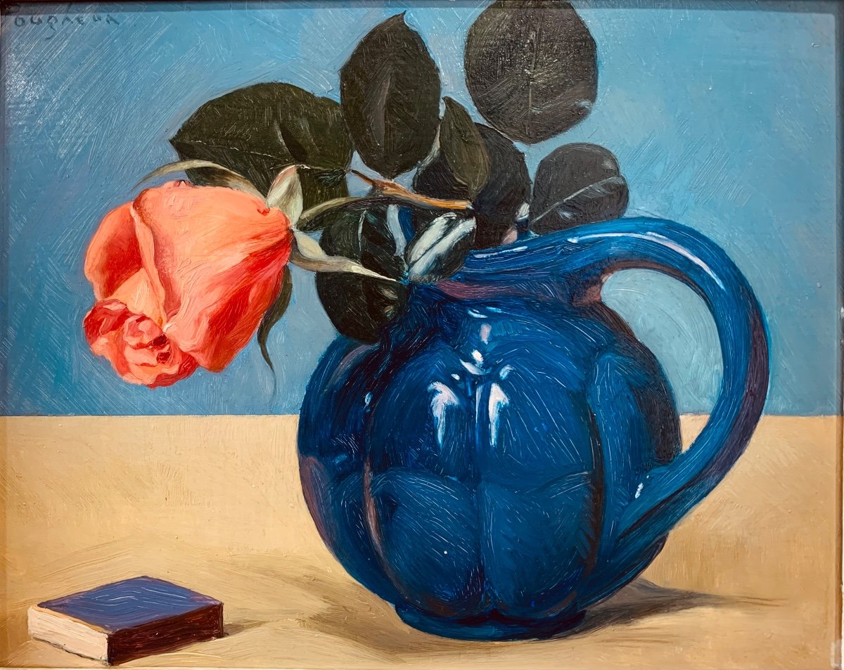 Robert Eugene Pougheon(1886-1955)Vaso blu con rose. -photo-3