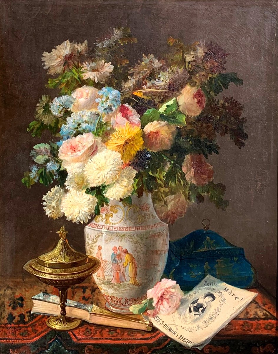 Eugène Petit1839-1886.Natura morta con vaso di Fiori Olio tela93x73 -photo-3