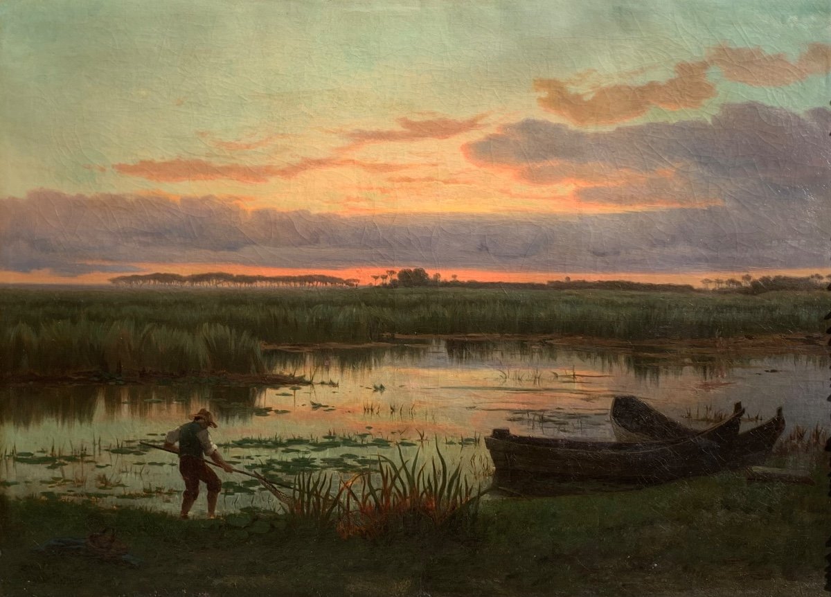 Ferdinand Chaigneau 1830-1906.Laguna con pescatore al tramonto.Olio tela 119x85-photo-2