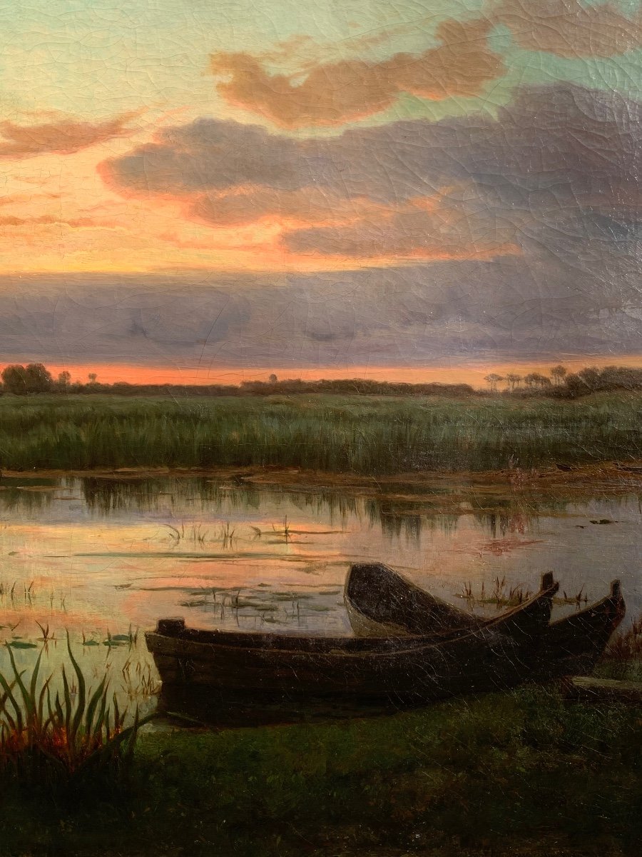 Ferdinand Chaigneau 1830-1906.Laguna con pescatore al tramonto.Olio tela 119x85-photo-3