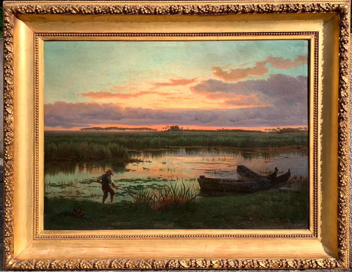 Ferdinand Chaigneau 1830-1906.Laguna con pescatore al tramonto.Olio tela 119x85