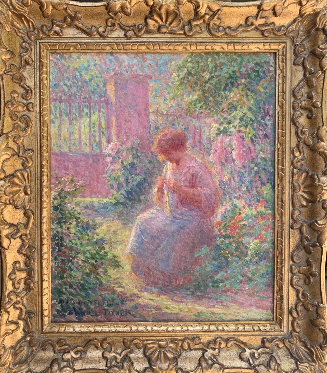 Ragazza in giardino. Olio su tela 55x46. Firmato Daniel Tixier(1862-1915)-photo-4