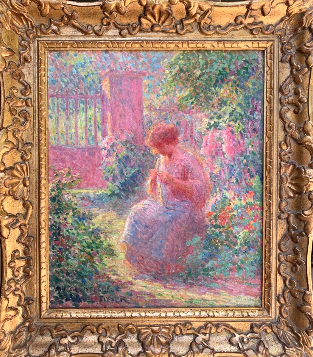 Ragazza in giardino. Olio su tela 55x46. Firmato Daniel Tixier(1862-1915)