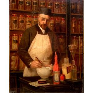 Il farmacista. Olio su tela 35x27. Alphonse Jules Debaene. 1854-1927