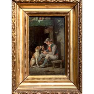 François Louis Lanfant de Metz. Giovane nutre il suo cane. Olio su tavola 18x11