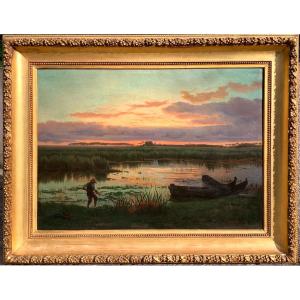 Ferdinand Chaigneau 1830-1906.Laguna con pescatore al tramonto.Olio tela 119x85