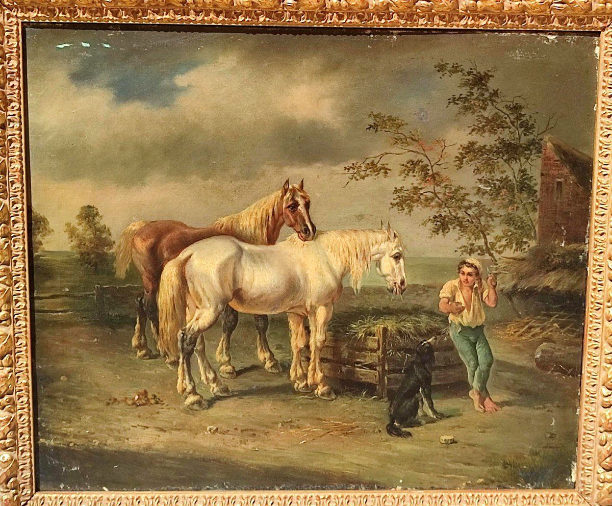 'Il Guardiano dei Cavalli' olio su tela firmato Louis Claude Malebrance  ( Caen 1790-1838)