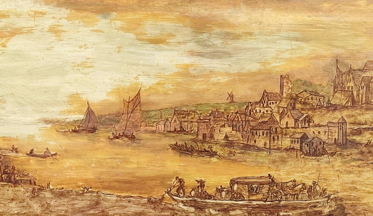 Jan van Goyen  (Cerchia) Porto al tramonto con mulino a vento sullo sfondo. 1596-1656-photo-2