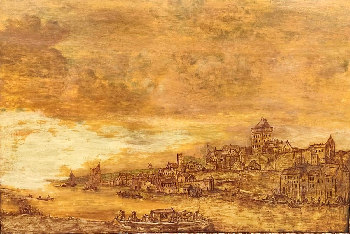 Jan van Goyen  (Cerchia) Porto al tramonto con mulino a vento sullo sfondo. 1596-1656