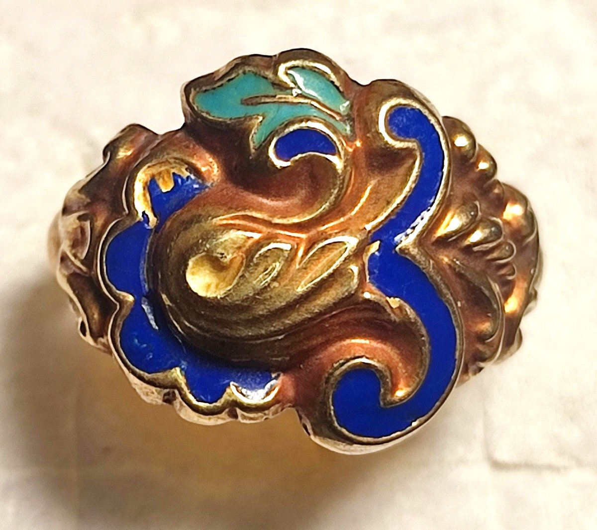 Anello borbonico  Carlo X , punzoni siciliani 1820-25. Smalto policromo a  fiori e foglie-photo-2