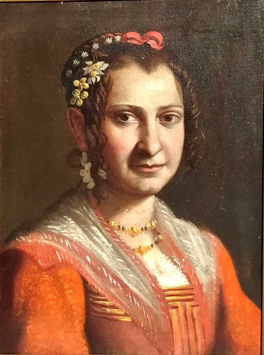 Ottavio Leoni 'La promessa sposa con tiara floreale' Olio su carta incollata su tela. 1620-30-photo-2