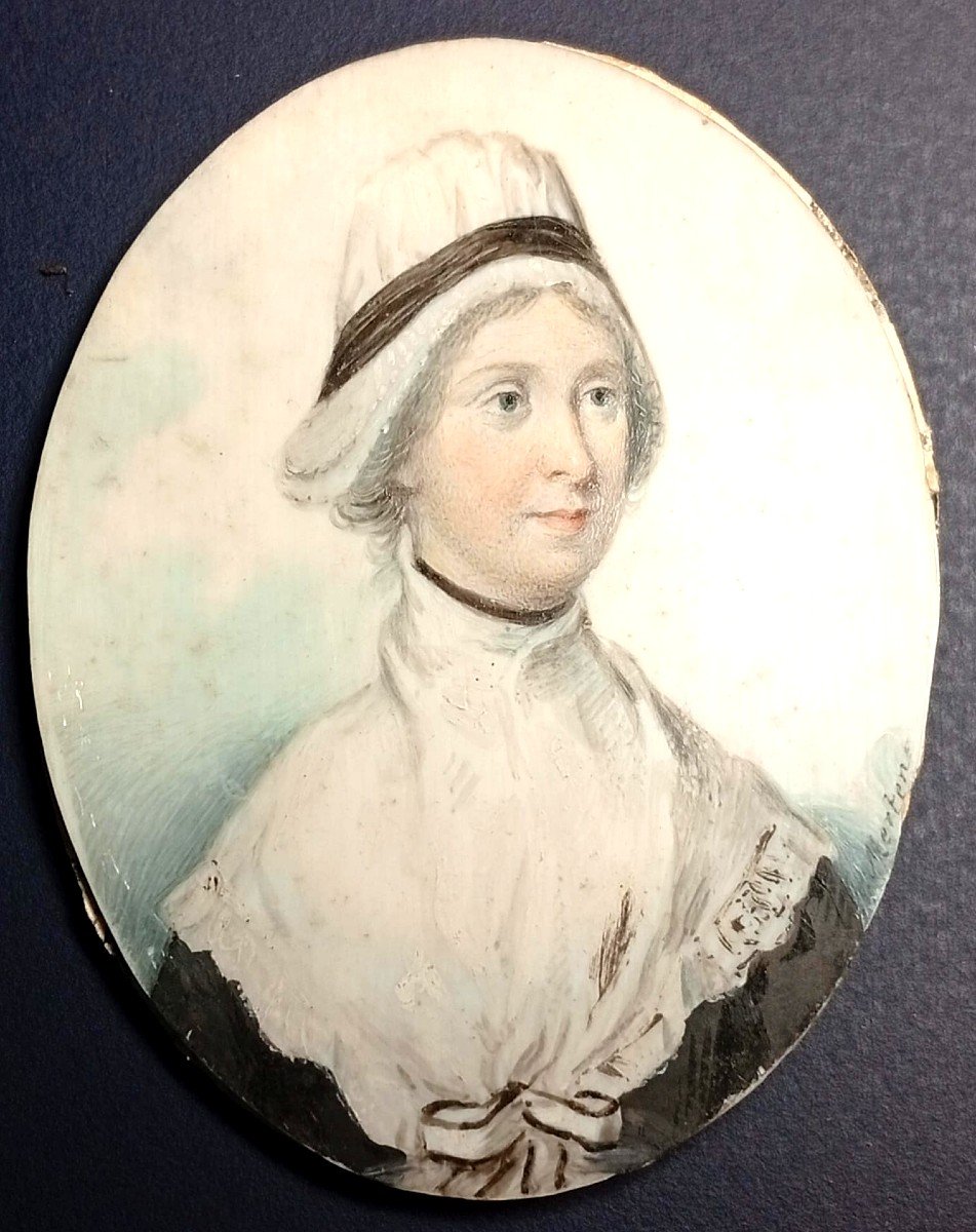 'Giovane donna con cappello bianco a cuffia' miniatura  Francese  periodo Rivoluzionario. 