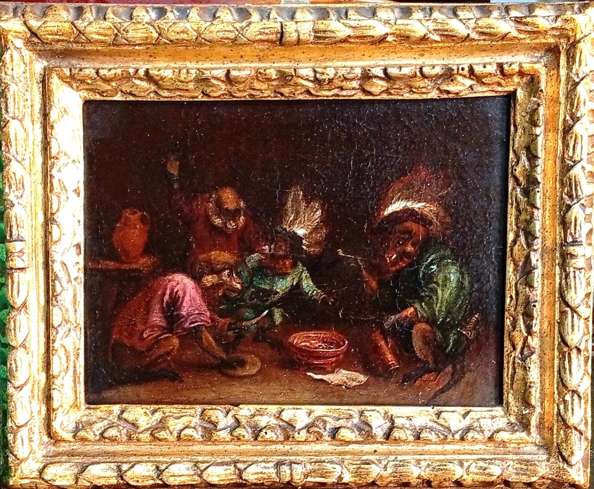 David Teniers II 'Il Banchetto delle Scimmie, entro cornice originale. (1610-90)