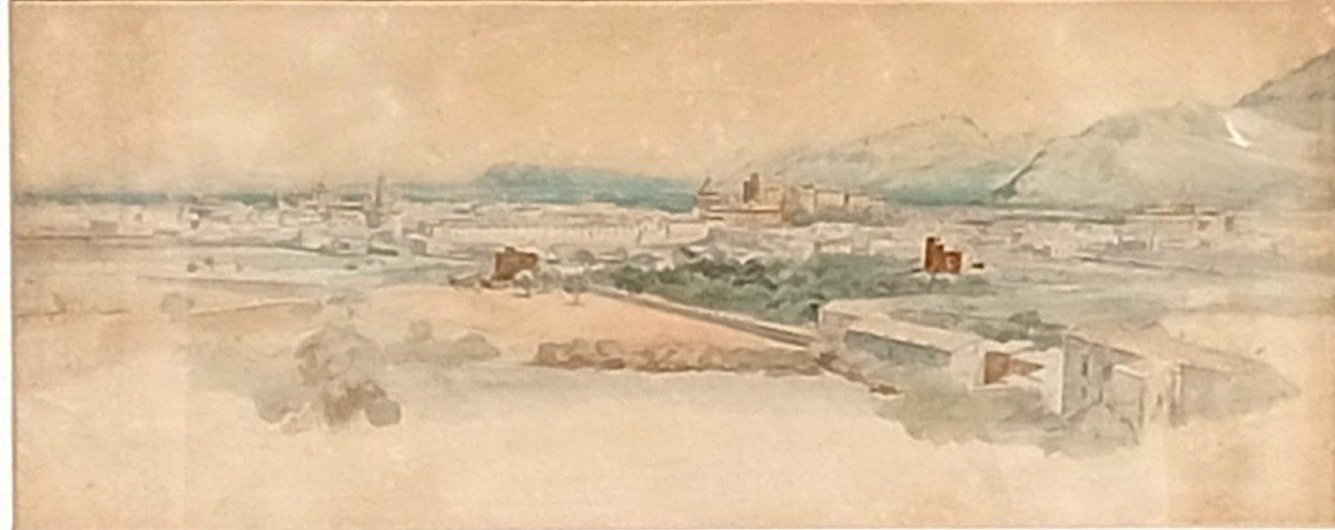 Edward Lear  'Palermo e la Conca d'Oro' Veduta a volo d'uccello acquarello e matita. (1847)