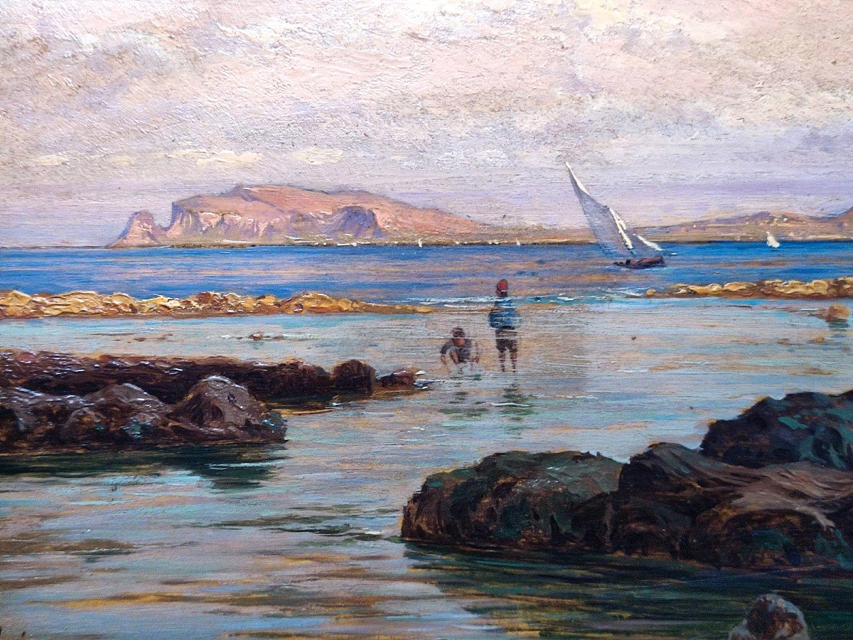 Francesco Lo Jacono. 'Pescatorelli nel Golfo di Palermo'1880 circa  Olio su tavoletta cm.25x35-photo-2