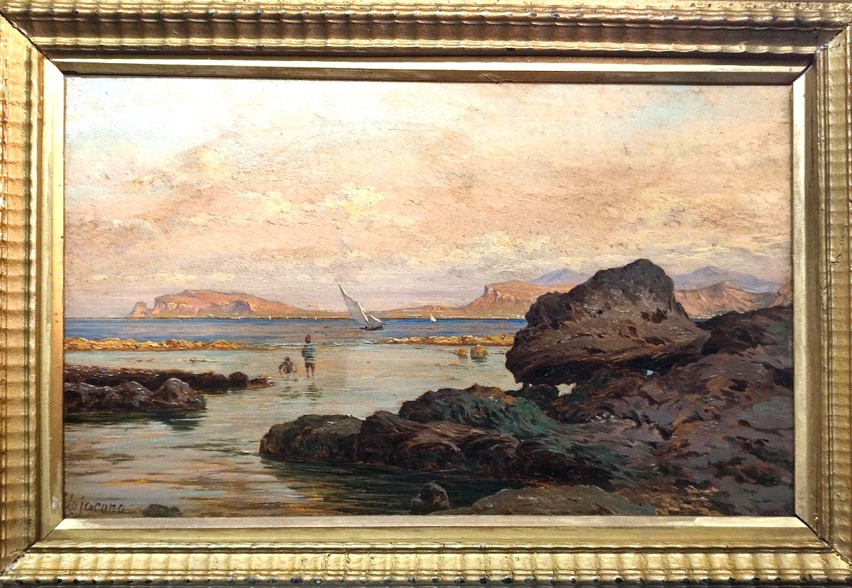 Francesco Lo Jacono. 'Pescatorelli nel Golfo di Palermo'1880 circa  Olio su tavoletta cm.25x35-photo-4