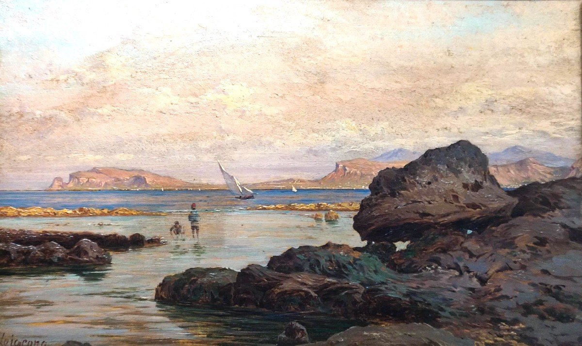 Francesco Lo Jacono. 'Pescatorelli nel Golfo di Palermo'1880 circa  Olio su tavoletta cm.25x35