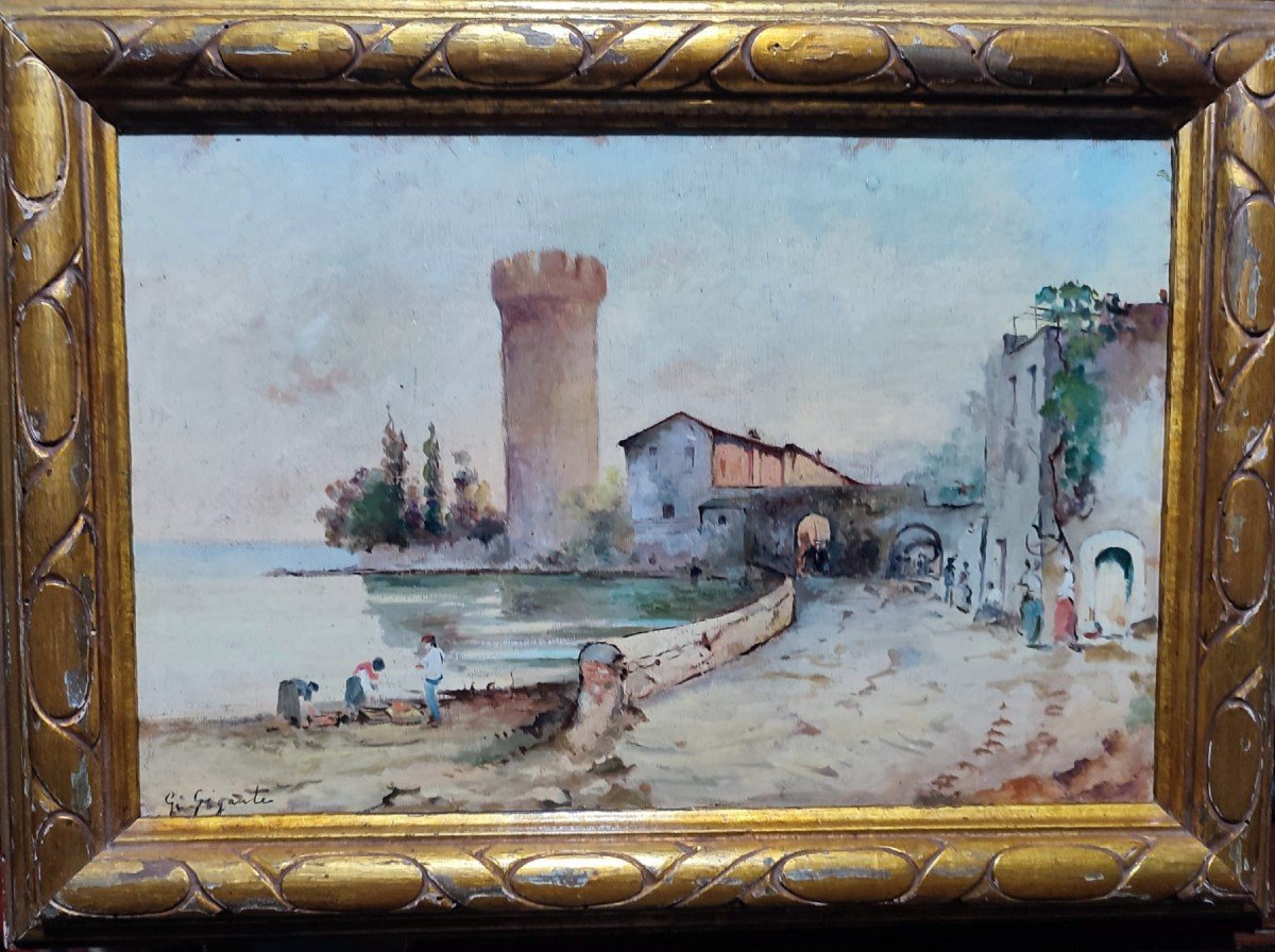 Giacinto Gigante, 'La torre sul golfo con personaggi', olio su cartone, 32x45, espertizzato-photo-2