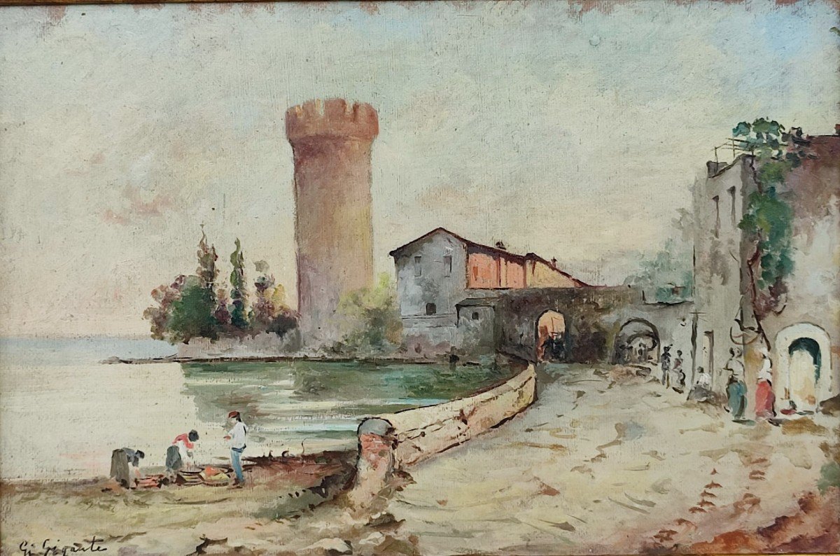 Giacinto Gigante, 'La torre sul golfo con personaggi', olio su cartone, 32x45, espertizzato