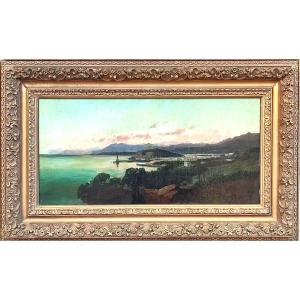 Francesco Lo Jacono- 'Tramonto sulla costa di Casteldaccia'. Olio su tela cm.33x65-