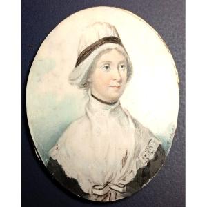 'Giovane donna con cappello bianco a cuffia' miniatura  Francese  periodo Rivoluzionario. 