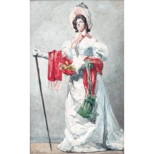 Salvatore Marchesi 'Nobildonna con sciarpa rossa' Acquarello cm. 32x22-