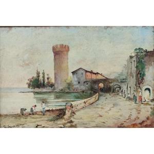 Giacinto Gigante, 'La torre sul golfo con personaggi', olio su cartone, 32x45, espertizzato