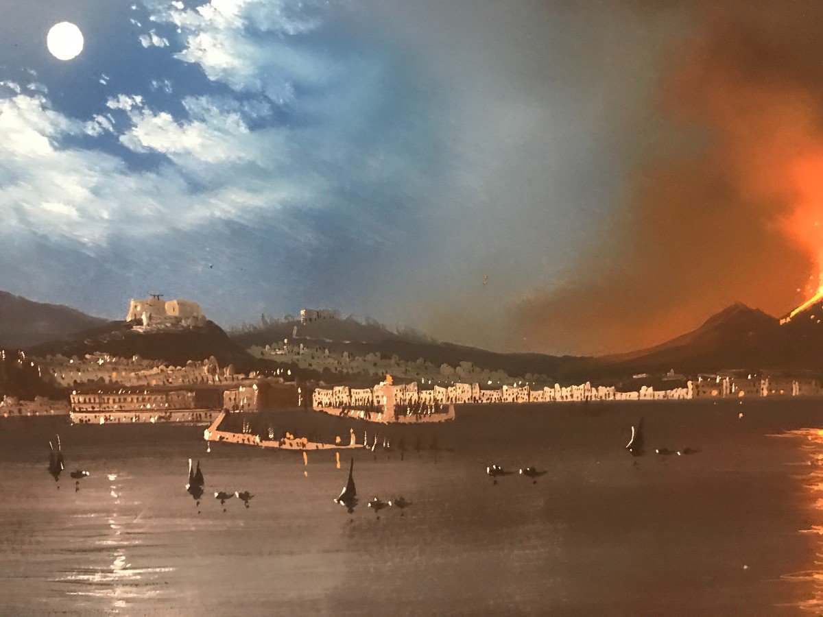 Scuola napoletana- Eruzione del Vesuvio a Napoli 1860 ca- gouache  Italia Grand Tour-photo-3