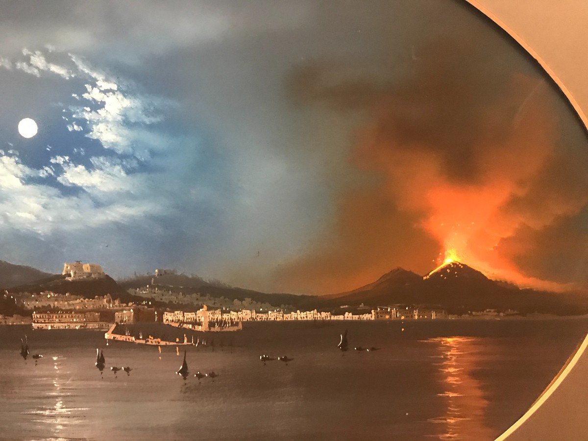 Scuola napoletana- Eruzione del Vesuvio a Napoli 1860 ca- gouache  Italia Grand Tour-photo-2