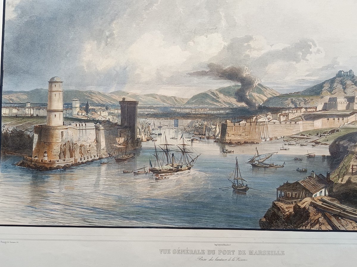 bellissima veduta litografica del porto di Marsiglia coloritura coeva-photo-2