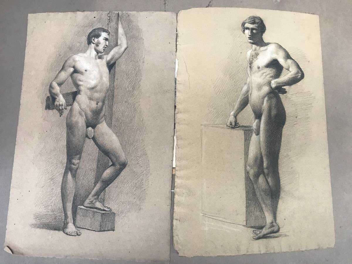  Due Nudi maschili accademici - Accademia nudo uomo - Italia Francia 1820 ca