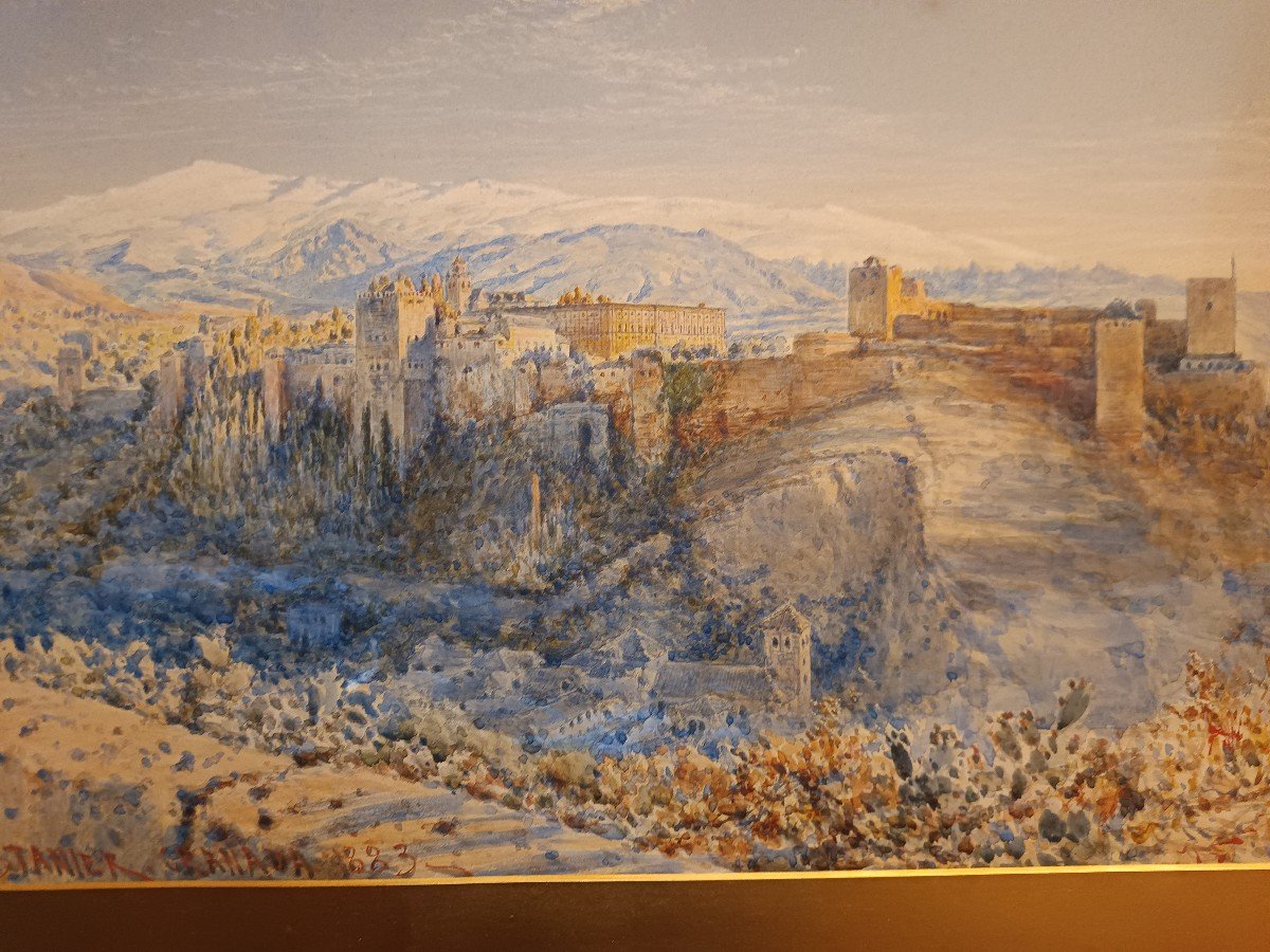 bellissima acquerello veduta dell'alhambra Granada firmato e datato 1883-photo-2