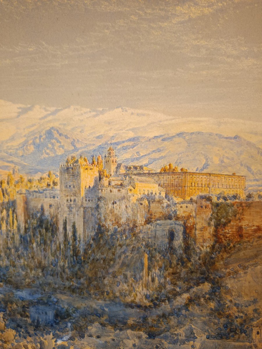 bellissima acquerello veduta dell'alhambra Granada firmato e datato 1883-photo-3