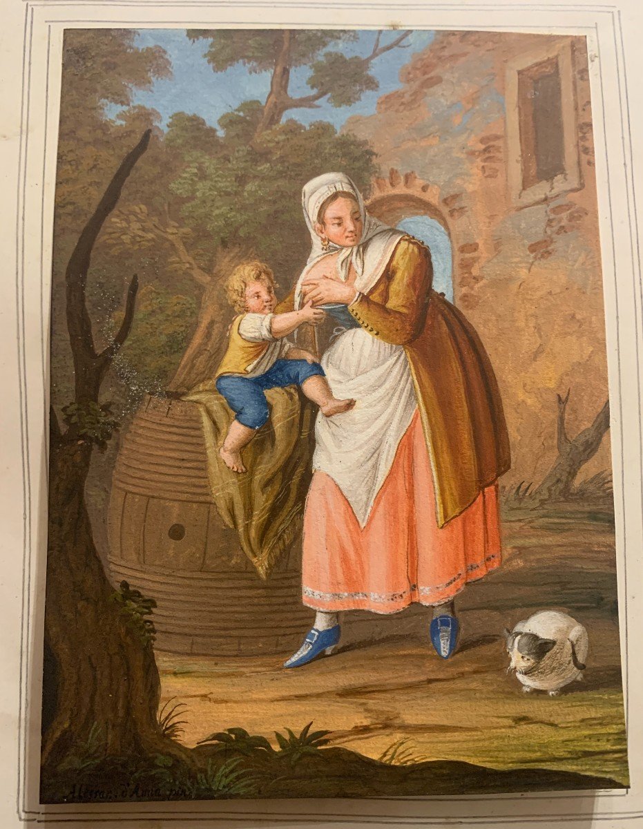 Alessandro d'Anna - Donna con bambino -Costume napoletano -gouache Napoli Italia Grand Tour 