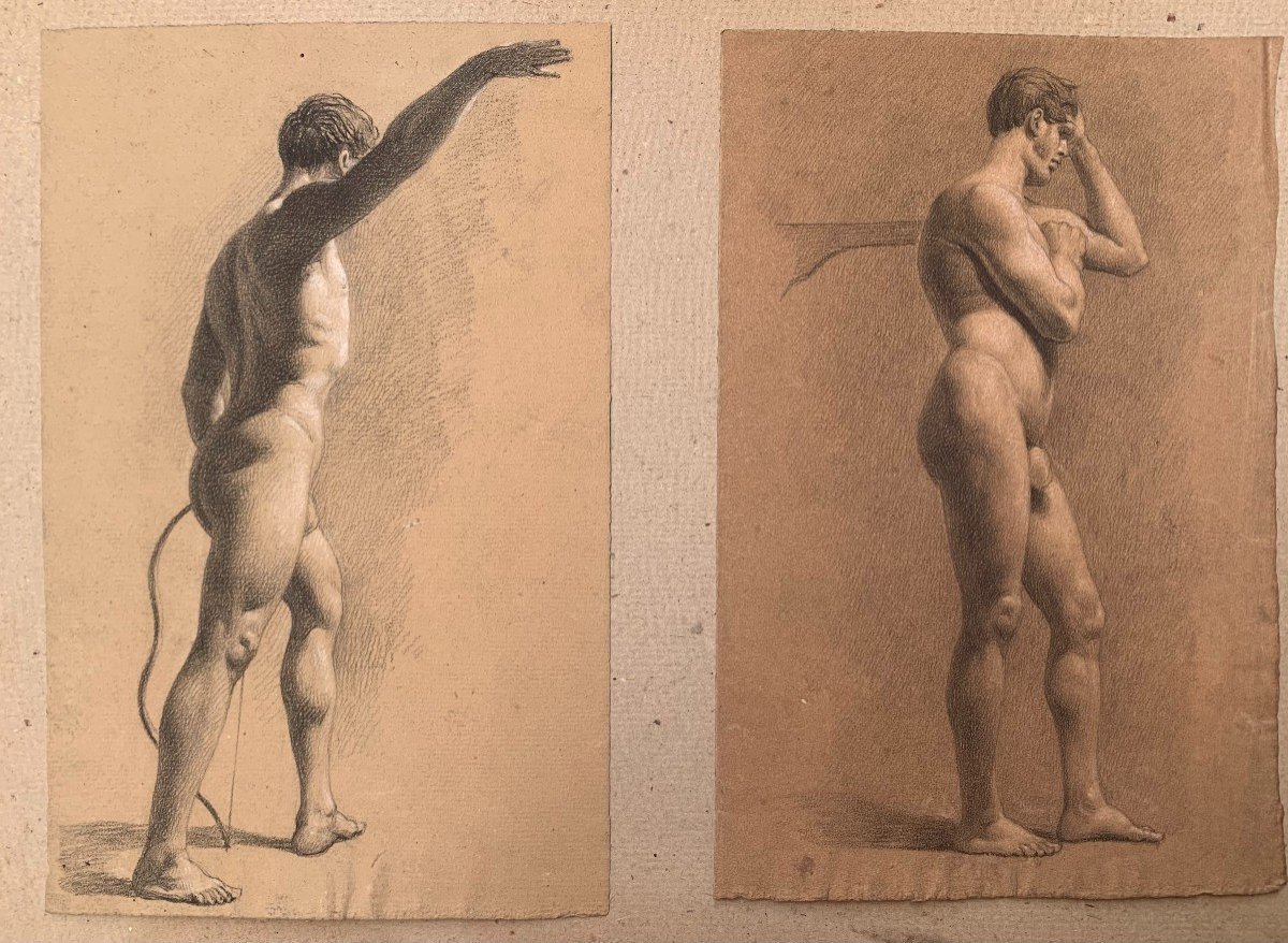 Disegno di 2 nudi maschili  Accademici - 1820 Ca Italia Francia 