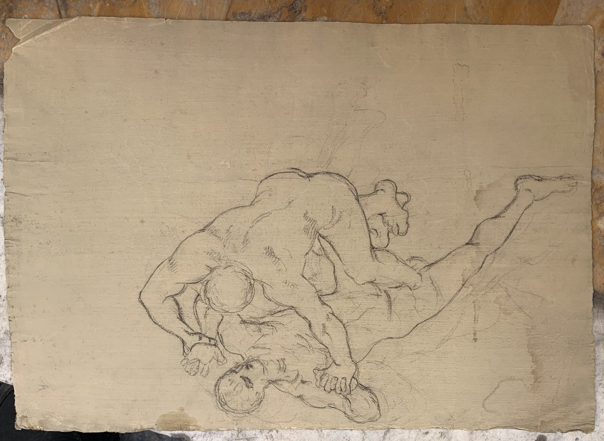 Disegno di due uomini che lottano - nudo accademico - Accademia Italia Francia XVIII secolo