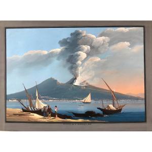 Camillo de Vito (attr.) Eruzione del Vesuvio  1839 - Gouache napoletana - Napoli Italia