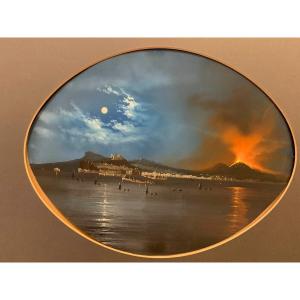 Scuola napoletana- Eruzione del Vesuvio a Napoli 1860 ca- gouache  Italia Grand Tour