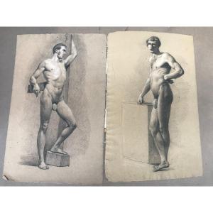  Due Nudi maschili accademici - Accademia nudo uomo - Italia Francia 1820 ca