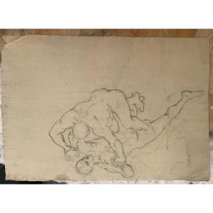 Disegno di due uomini che lottano - nudo accademico - Accademia Italia Francia XVIII secolo