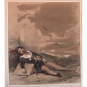 Eugene Van Maldeghem  (1813 -1867) - Mort Du Caravage  - Aquarelle - 1843 - Belgium Italie