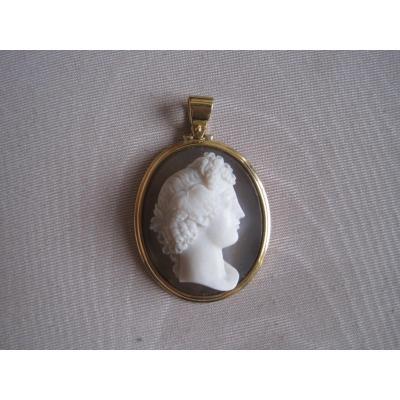 Pendentif, Camée En Agate Et Or, Profile Féminine Classique, XIXè  