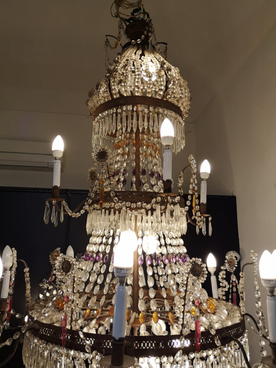 Grand Lustre En Tôle Et Pendentifs En Verre, époque 19ème Siècle-photo-2