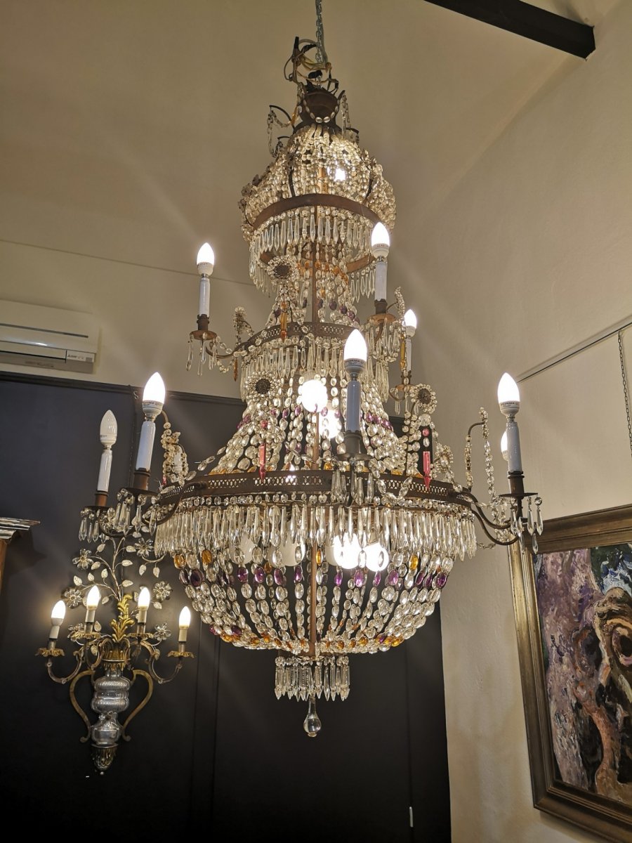 Grand Lustre En Tôle Et Pendentifs En Verre, époque 19ème Siècle