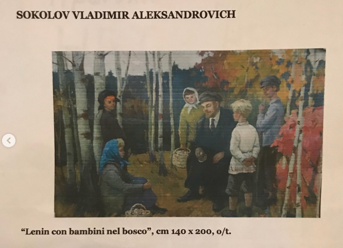 Olio su tela firmato raffigurante Lenin con bambini nel bosco. Pittore Sokolov Vladimir -photo-2